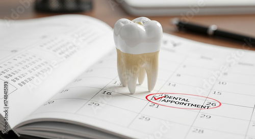 Tooth model sits on an open calendar with the words dental appointment circled in red, symbolizing scheduling and dental care