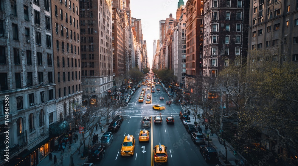 Obraz premium High angle view of avenue street with traffic and pedestrians in new york city