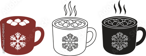 Three mugs of hot chocolate with marshmallows and snowflake decorations