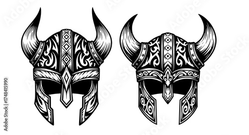 Two ornate viking helmets with horns and intricate patterns in a black and white illustration style