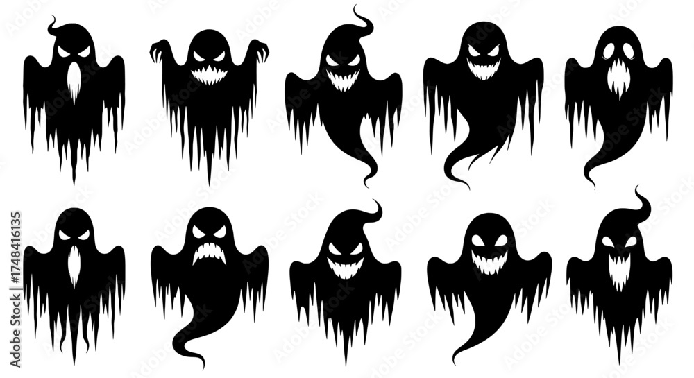 Obraz premium Collection of ten spooky black ghost silhouettes with dripping effect and menacing faces perfect for halloween decorations and designs