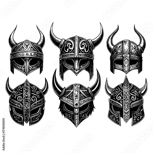 Collection of intricately designed ancient viking helmets with horns and detailed metalwork presented in a symmetrical arrangement on a white background