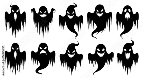 Collection of ten spooky black ghost silhouettes with dripping effect and menacing faces perfect for halloween decorations and designs