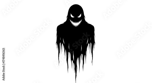 A menacing silhouette of a shadowy figure with glowing white eyes and a terrifying grin dripping like ink against a stark white background
