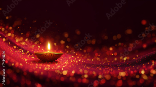 Traditional diya lamp glowing with golden sparks on red background — elegant festive scene symbolizing warmth, spirituality, and light during Diwali, Bhai Dooj, and other Indian celebrations