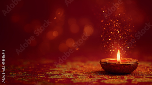 Traditional diya lamp glowing with golden sparks on red background — elegant festive scene symbolizing warmth, spirituality, and light during Diwali, Bhai Dooj, and other Indian celebrations