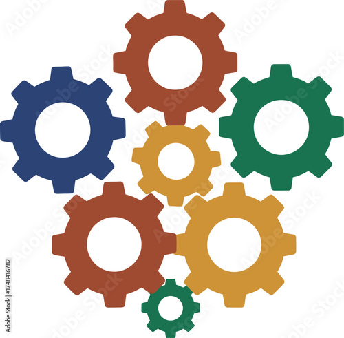 Seven colorful gears on a plain white background. Teamwork concept.