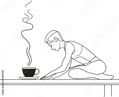 minimalist black line art of a person stretching beside a steaming coffee cup on table, early morning vibe, white background, clean smooth outline