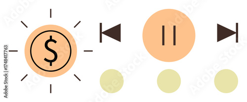 Dollar sign radiating light surrounded by play, pause, and control icons, symbolizing financial choices and progress. Ideal for personal finance, wealth management, budgeting, strategy
