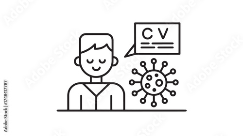 Person with CV and virus symbol, representing job search challenges during pandemic