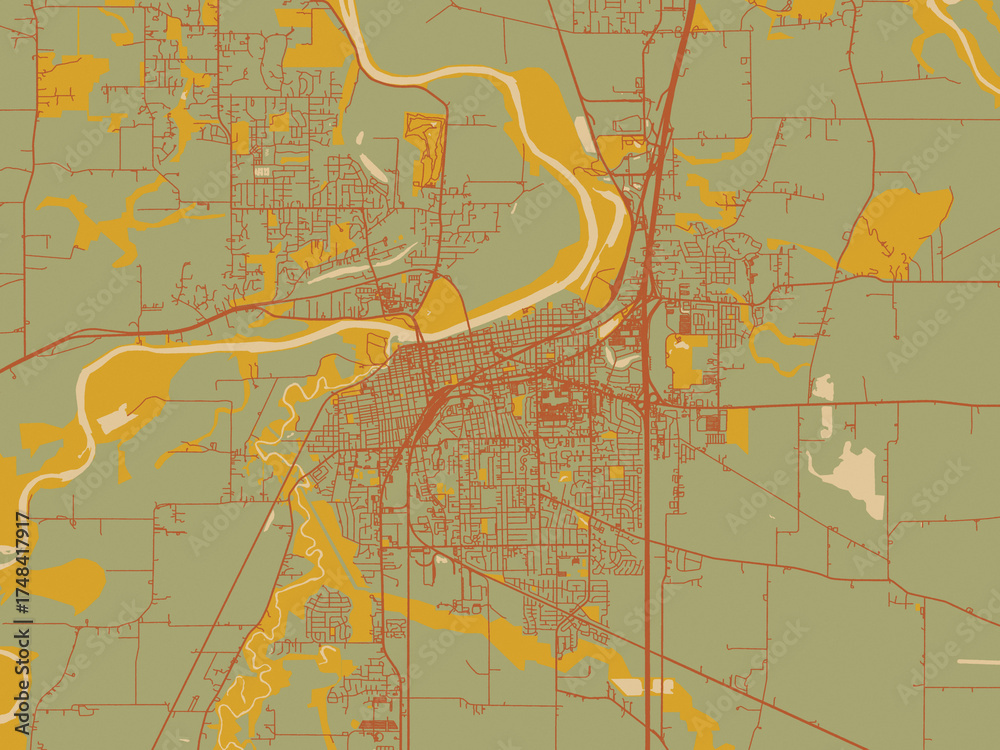 Obraz premium Flat painterly map of Albany, Oregon in earthy sage background with rust roadways and ochre details.