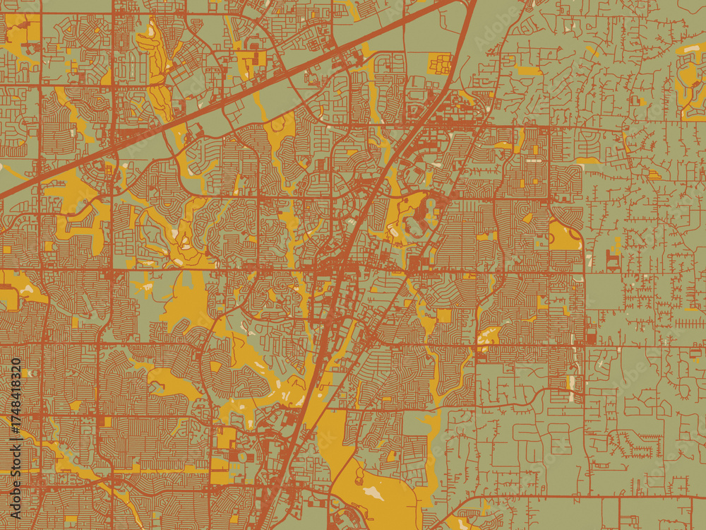Obraz premium Poster-ready flat map of Allen, Texas, sage/olive tone field with rust networks and ochre shapes, cream water.