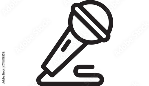 Simple line art illustration of a microphone on a stand, symbolizing speech and performance.
