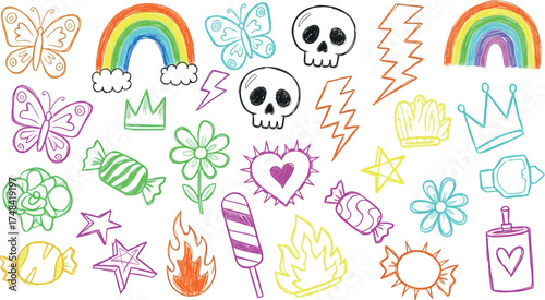 Vector art of doodle elements with rainbows, skulls, butterflies, and lightning bolts