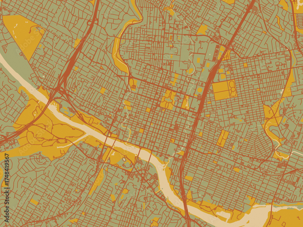 Obraz premium Flat painterly map of Austin Center, Texas in sage green ground with rust-red roads and ochre accents.