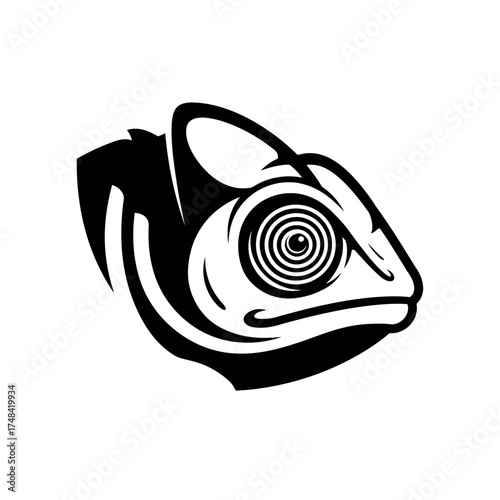 Monochrome Chameleon Head with Intricate Eye Design.