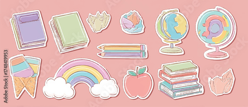 Whimsical Back to School Stickers with Books Globes and Rainbows on a Pastel Pink Background perfect for educational projects and designs related to learning and creativity