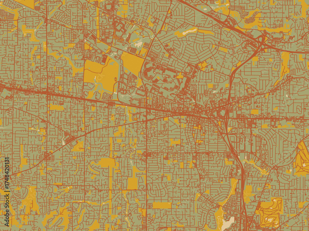 Obraz premium Vector-style flat map of Beaverton, Oregon with sage green ground with rust-red roads and ochre accents.