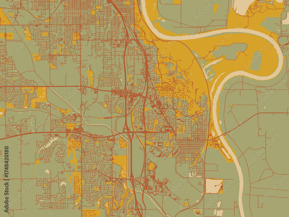 Obraz premium Abstract flat-design map of Bellevue, Nebraska, featuring sage/olive tone field with rust networks and ochre shapes, cream water.