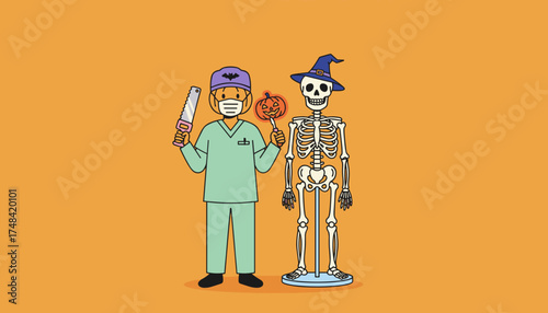 Cartoon surgeon with saw and pumpkin stands beside skeleton model for Halloween health fun