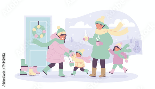 Joyful family walks in winter wonderland Warm clothes hot drinks and snowy fun near home