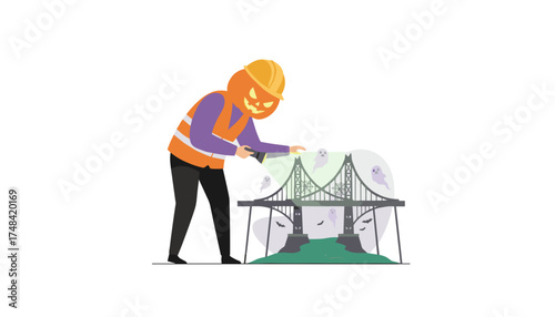 Pumpkinheaded worker illuminates a spooky ghostfilled bridge for Halloween inspection