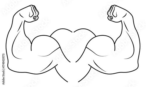 Line art illustration of a flexed strong arm with biceps and clenched fist, symbolizing strength, body fitness, power vector