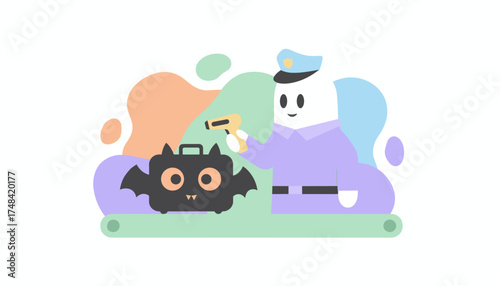 Officer scans a whimsical bat briefcase Airport security travel safety and fun journey illustration