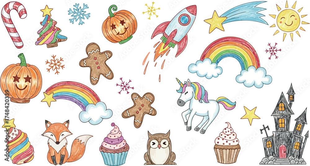 Fototapeta premium Vector art of festive handdrawn doodle icons for holidays including a pumpkin, gingerbread man, and unicorn