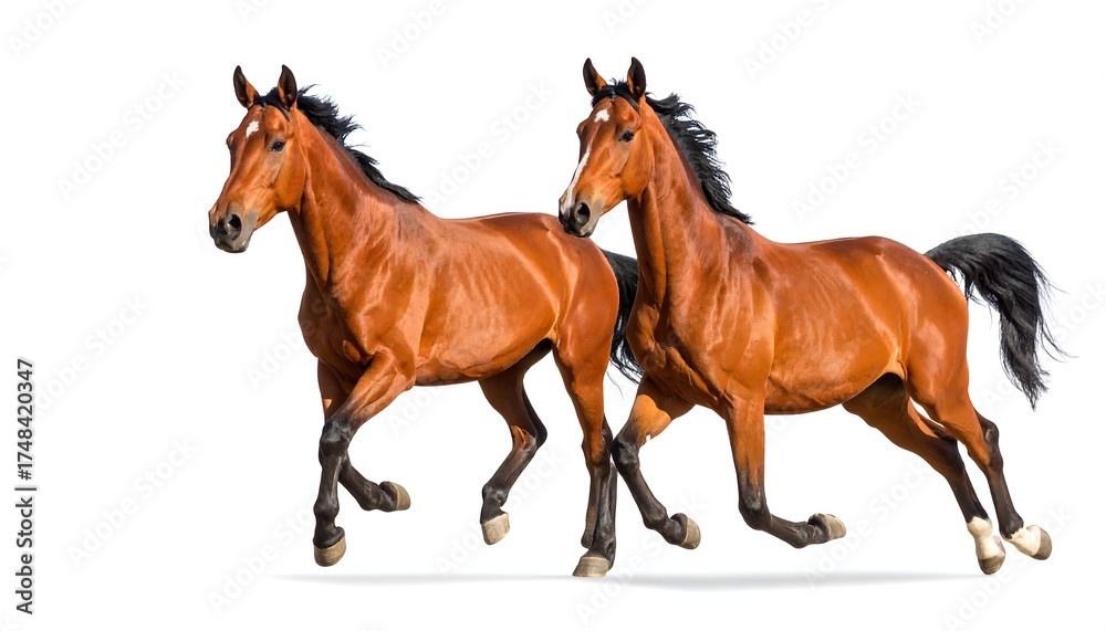 Obraz premium Two brown horses in a dynamic gallop