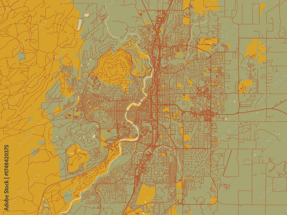 Fototapeta premium Graphic flat color map of Bend, Oregon in sage green ground with rust-red roads and ochre accents.