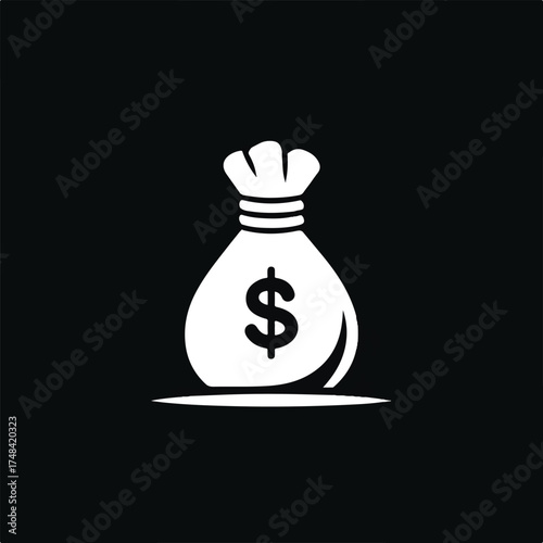 White Silhouette of Money Bag with Dollar Sign on Black Background Represents Wealth Financial Security and Economic Success in Business and Finance