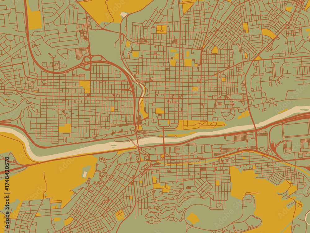 Obraz premium Contemporary flat map of Bethlehem, Pennsylvania rendered with olive backdrop with warm rust street network and ochre blocks.