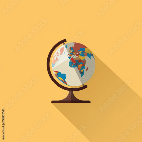 World Globe with Colorful Continents Depicted in Flat Design Style on a Yellow Background for Educational Materials and Global Awareness Campaigns