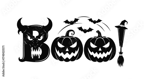 Spooky halloween boo text with jack o lanterns bats and witch broom isolated on transparent background