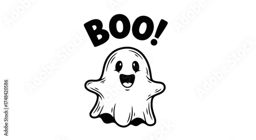 Cute hand drawn cartoon ghost saying boo isolated on transparent background