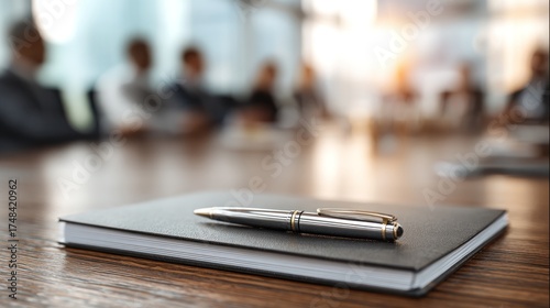 Meeting Notebook and pen on table, blurred figures discussing in background