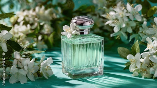 Green perfume bottle in floral setting, bright
