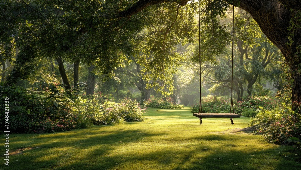 Obraz premium A sunlit park scene shows a wooden swing suspended from a large tree, over a verdant lawn