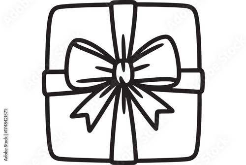 Hand-drawn illustration of a wrapped gift box with a ribbon and bow, ready for celebration.