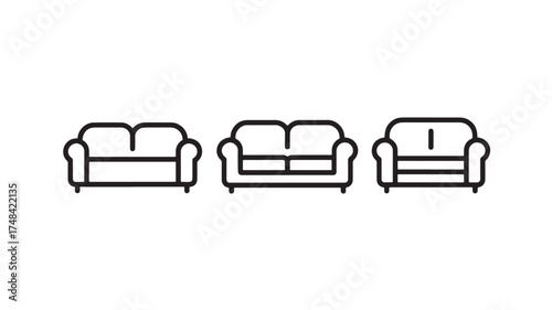 Simple line art icons of three different sofa styles on a white background