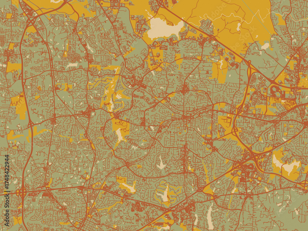 Obraz premium Abstract flat-design map of Cary North, Carolina, featuring olive backdrop with warm rust street network and ochre blocks.