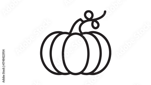 Simple line art illustration of a stylized pumpkin with a curly stem and vine