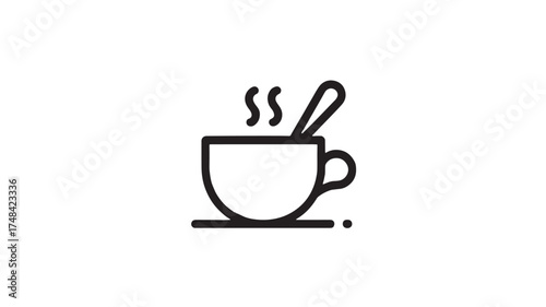 Steaming hot beverage in a simple line art cup with a spoon