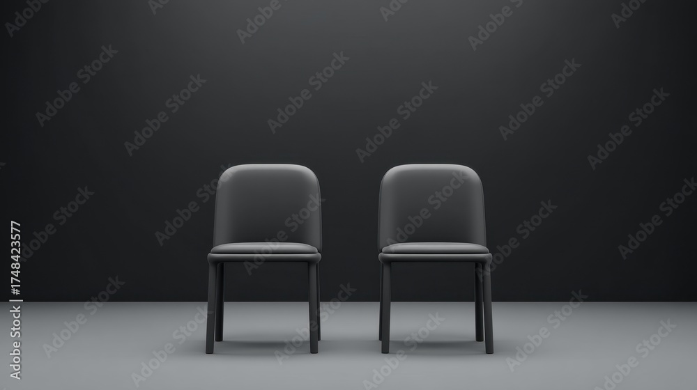 Obraz premium Minimalist Design of Two Modern Black Chairs in a Simple Studio Setting with Dark Wall Background and Neutral Floor for Contemporary Space