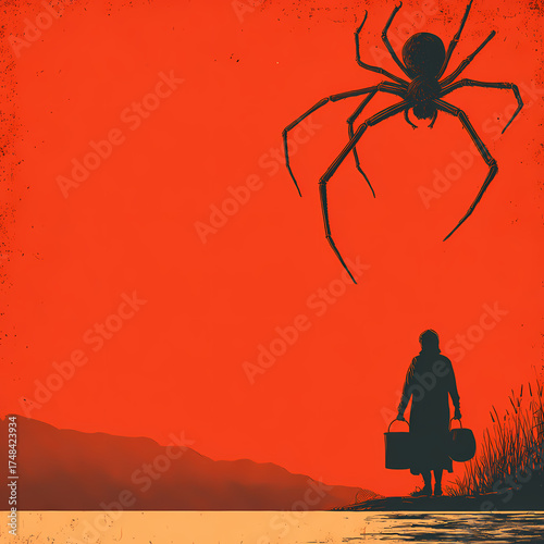 High-contrast poster art: Hooded silhouette carrying pails menaced by giant spider.