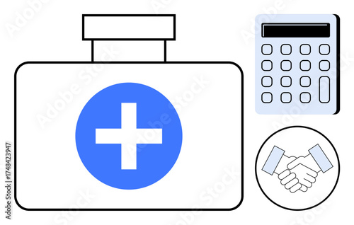 Medical kit with cross, calculator, handshake symbolizing trust, financial planning, partnership. Ideal for healthcare management, financial aid, insurance, collaboration budgeting trust-building