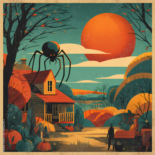 Vintage Halloween Poster Art: Colossal Spider Guards Farmhouse Under Orange Moon