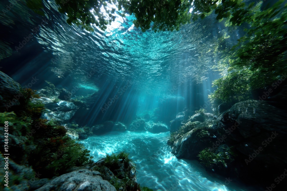 Obraz premium Sunlight filters through water in a tranquil underwater scene surrounded by lush vegetation