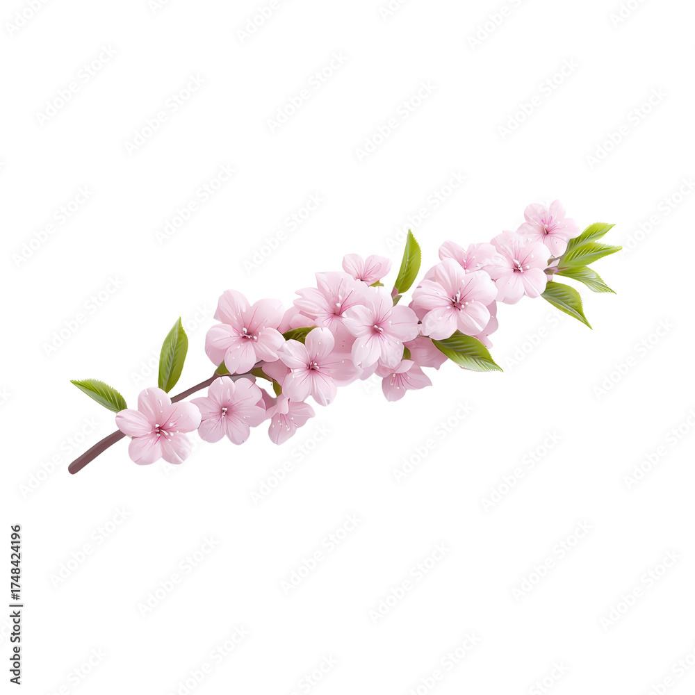Obraz premium Delicate Blossoms with Pink Petals and Green Leaves on White Background